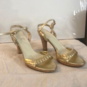 Gold ankle strap cork heels